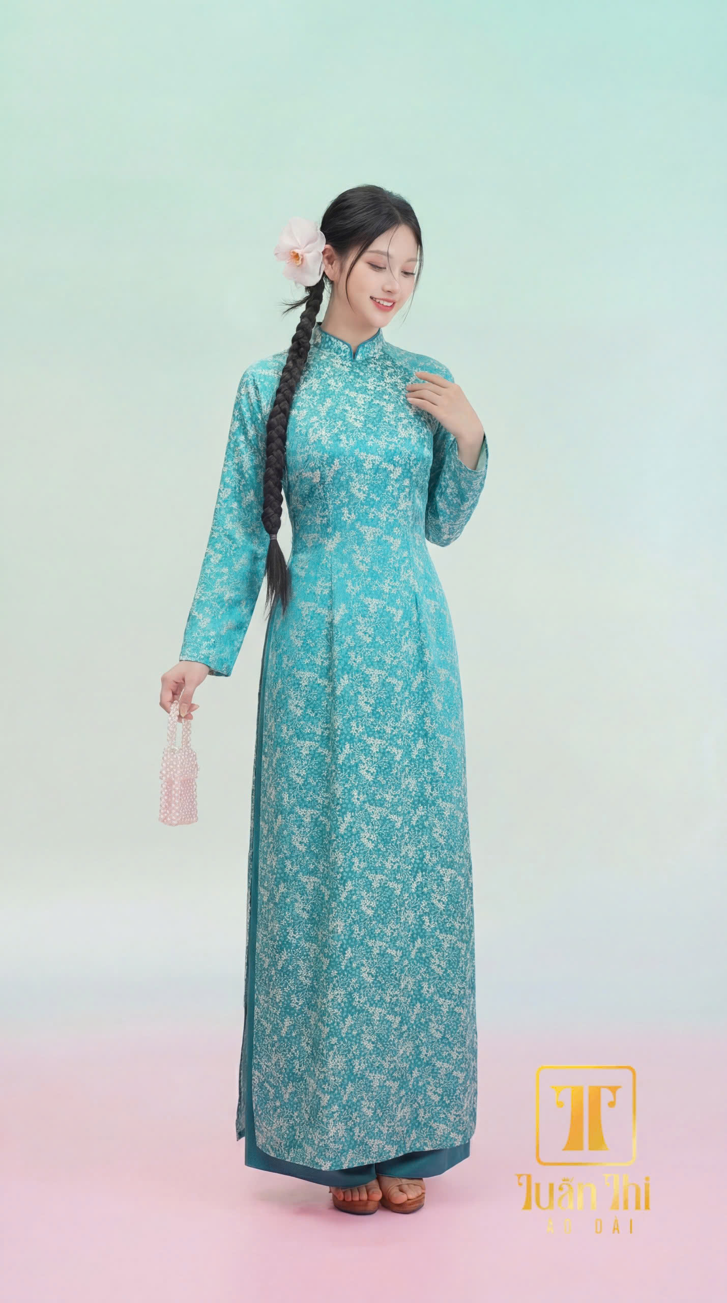 ADTT Lụa gấm hoa nhí xanh cổ vịt