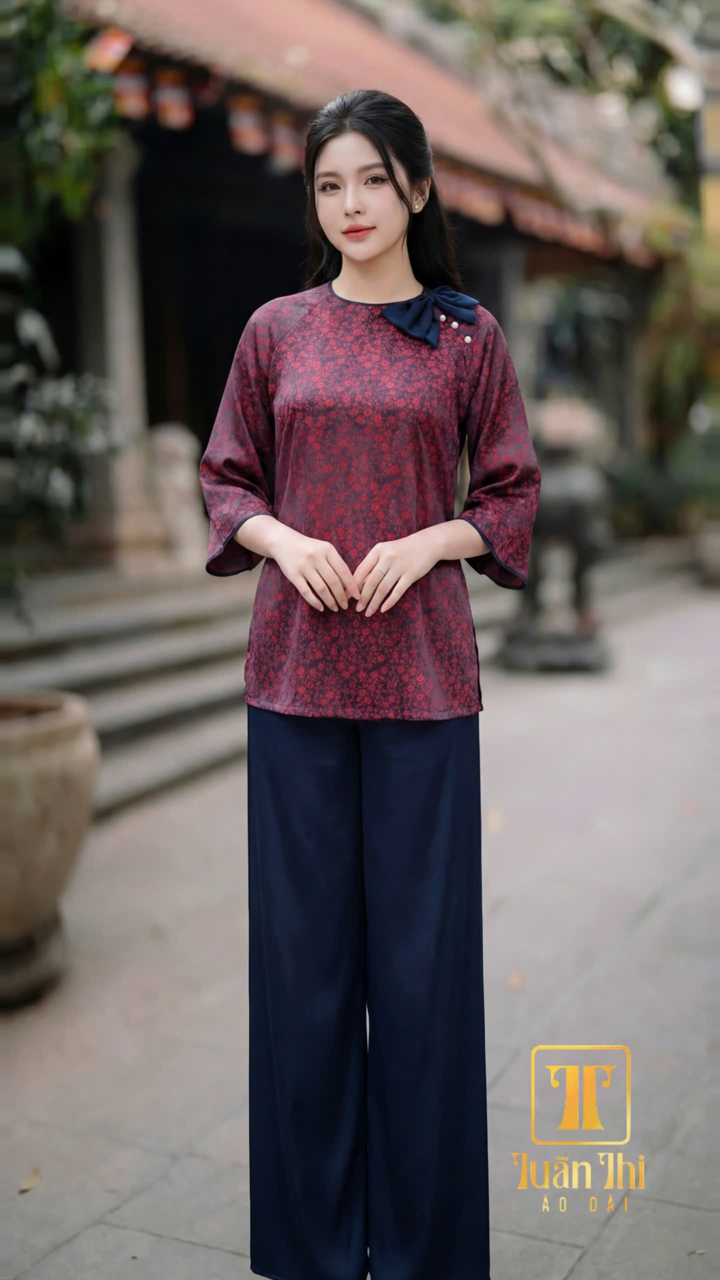 PP Đỏ đô hoa nhí nơ cổ