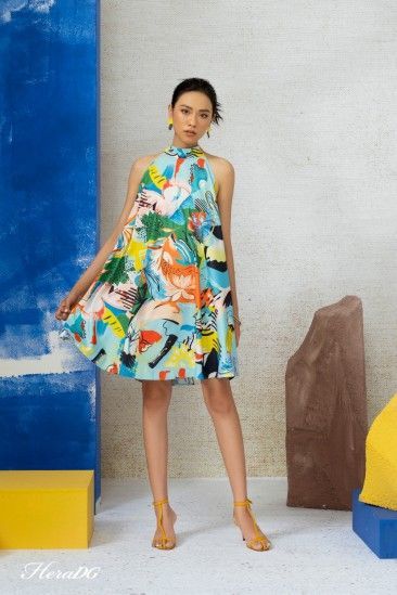 Đầm thô xoè buộc nơ cổ sau/SDPBA059/Đ6