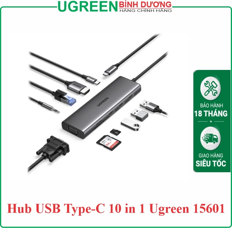 Hub USB Type-C 10 trong 1 ra 3 USB 3.0 + HDMI + VGA + Lan 1GB + SD/TF + 3.5MM + Sạc PD 100W Ugreen 15601 BH12T