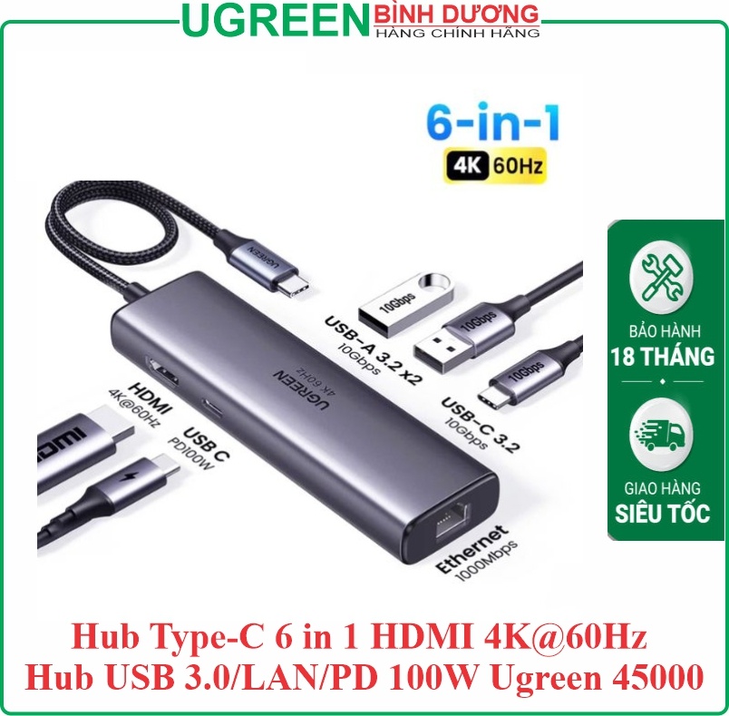 CAP CHUYEN UGREEN 45000 TYPE-C TO 2 USB 3.0 + HDMI + LAN + 2 TYPE C ( BH06T )