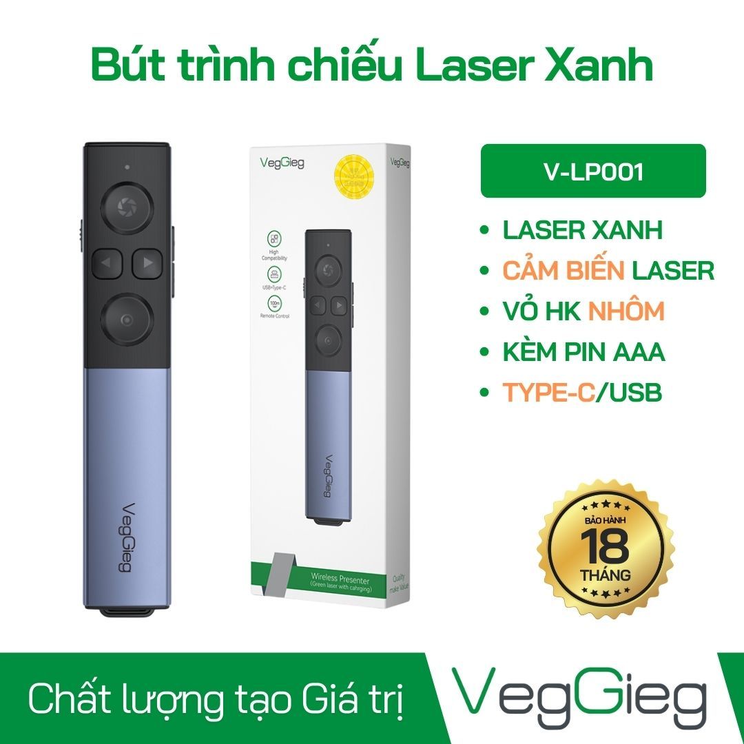 Bút trình chiếu Laser Green 100m Kết nối USB/Type-c V-LP001 Veggieg