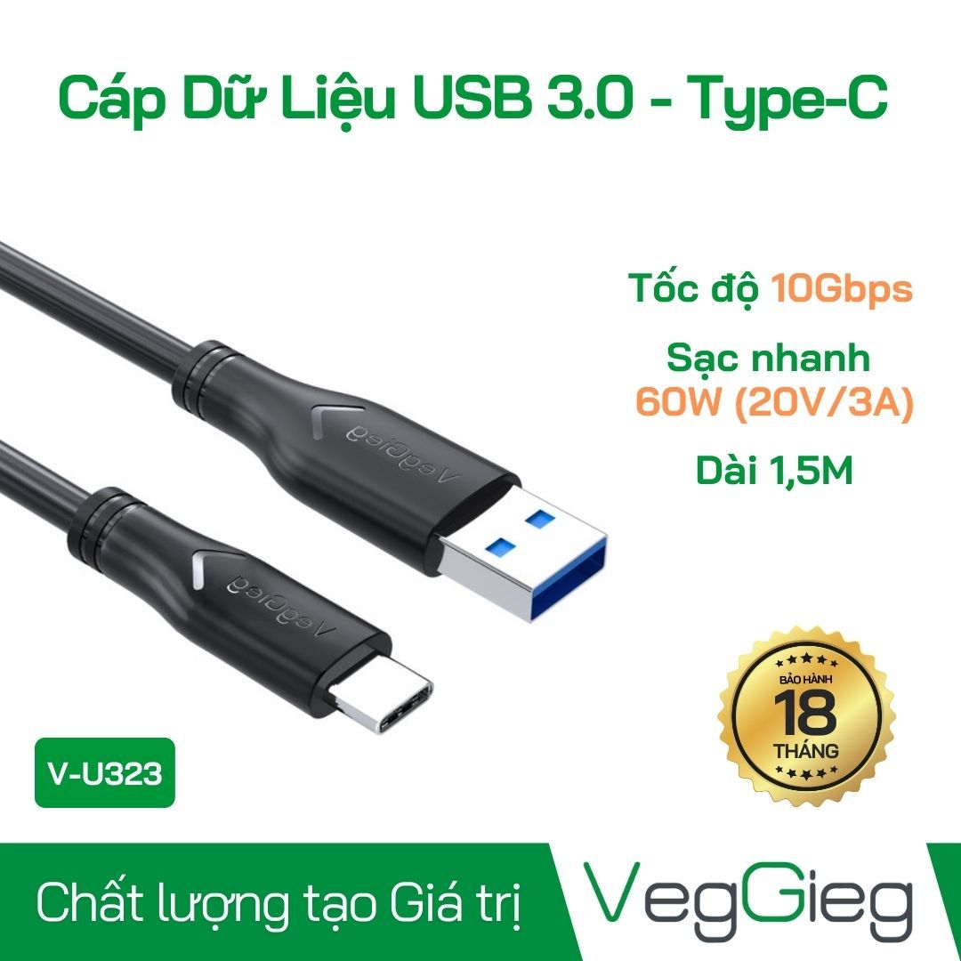 Dây Cáp USB to Type-C Đầu Dương (Data & sạc Nhanh 60W) Dài 1.5m V-U323 Veggieg