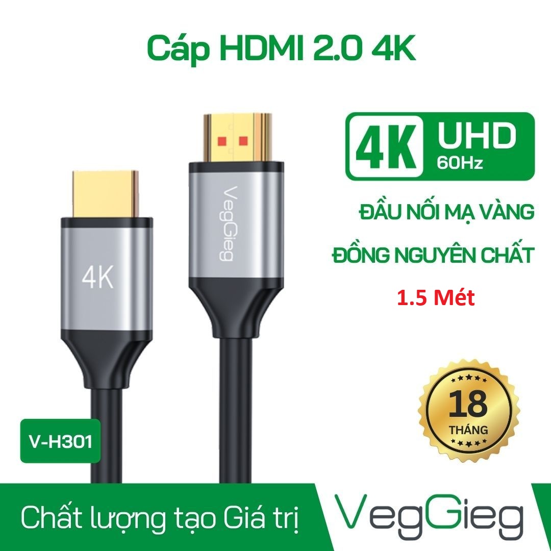 Dây Cáp HDMI Veggieg 1.5M Chuẩn 2.0 4K V-H301 (Lõi Đồng)