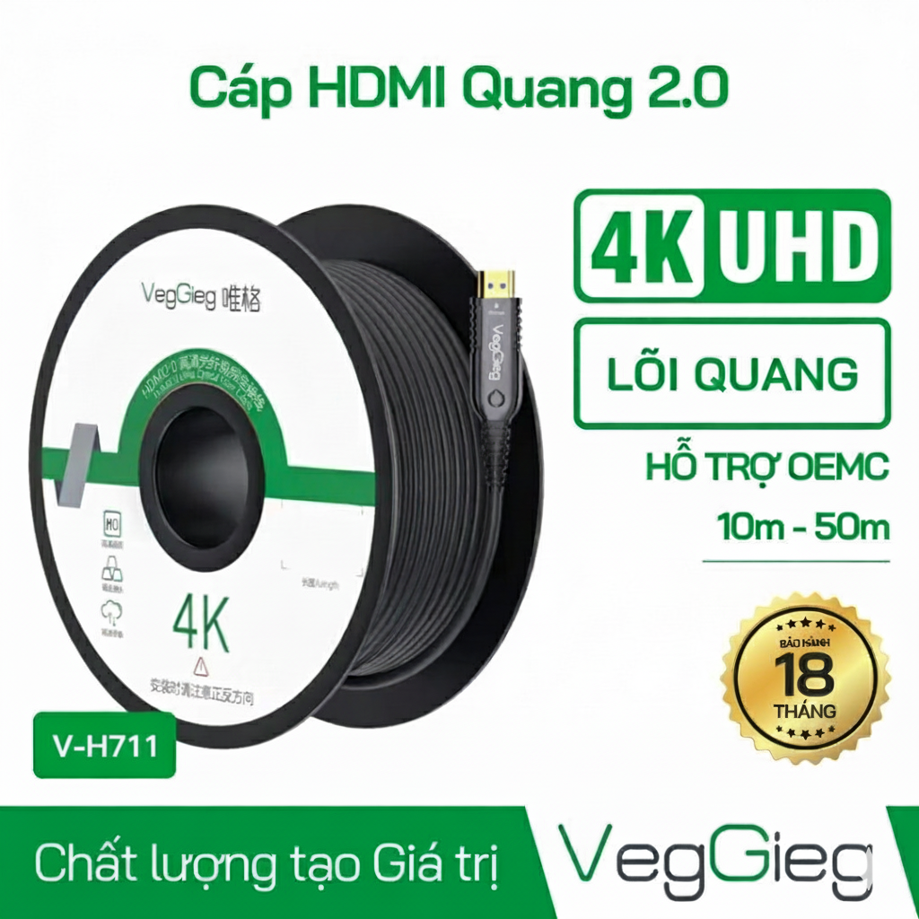 Dây Cáp HDMI Veggieg 25M Chuẩn 2.0 4K V-H711 (Lõi Quang)