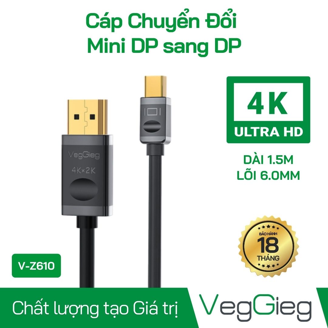 Cáp chuyển đổi Mini Displayport To Displayport Lớn 4K Dài 1.5m V-Z610 VegGieg
