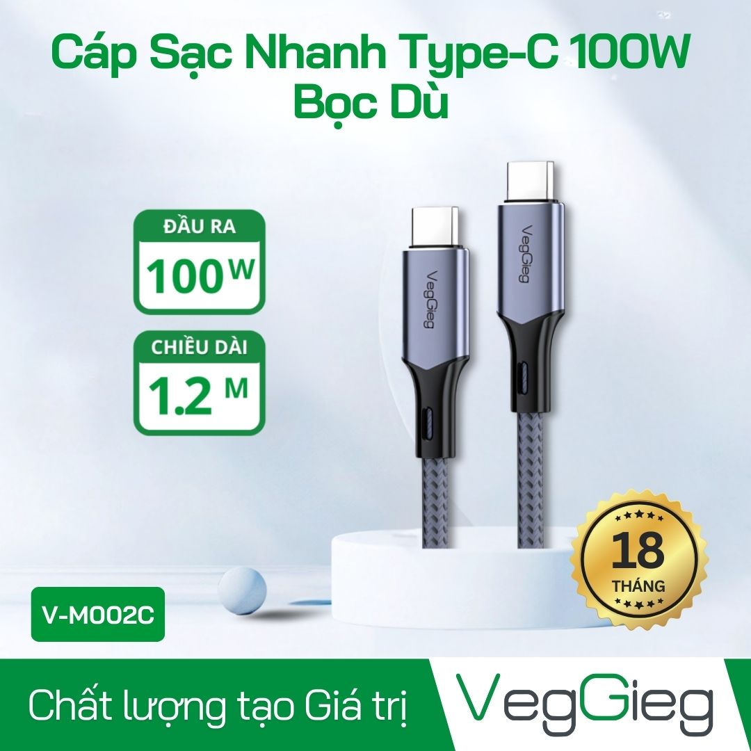 Cáp Sạc Nhanh 2 đầu Type-c 100W bọc dù dài 1.2m V-M002C Veggieg
