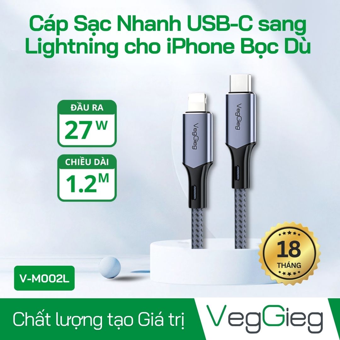 Cáp Sạc Nhanh Type-c to Lightning 27W bọc dù dài 1.2m (dùng cho Iphone 14 trở về trước) V-M002L Veggieg