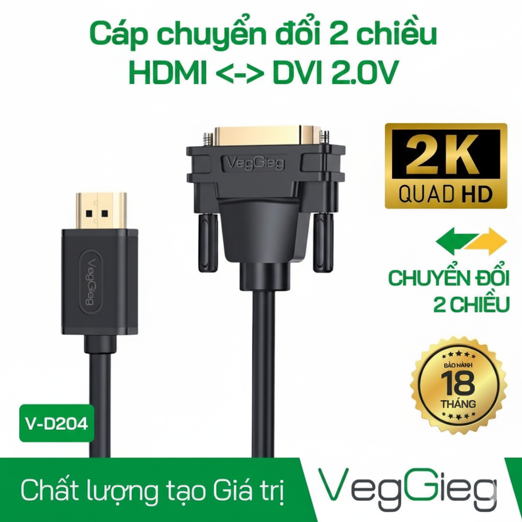 Cáp chuyển 2 chiều HDMI TO DVI Và DVI To HDMI 2K VegGieg V-D204 Dài 3M