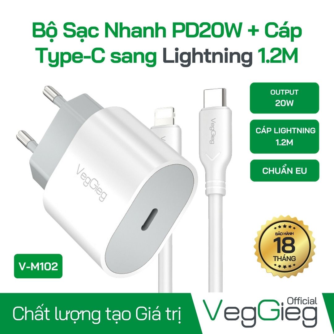 Củ Sạc Nhanh 20W+Dây Type-C to Lightning Dài 1.2m V-M102 Veggieg