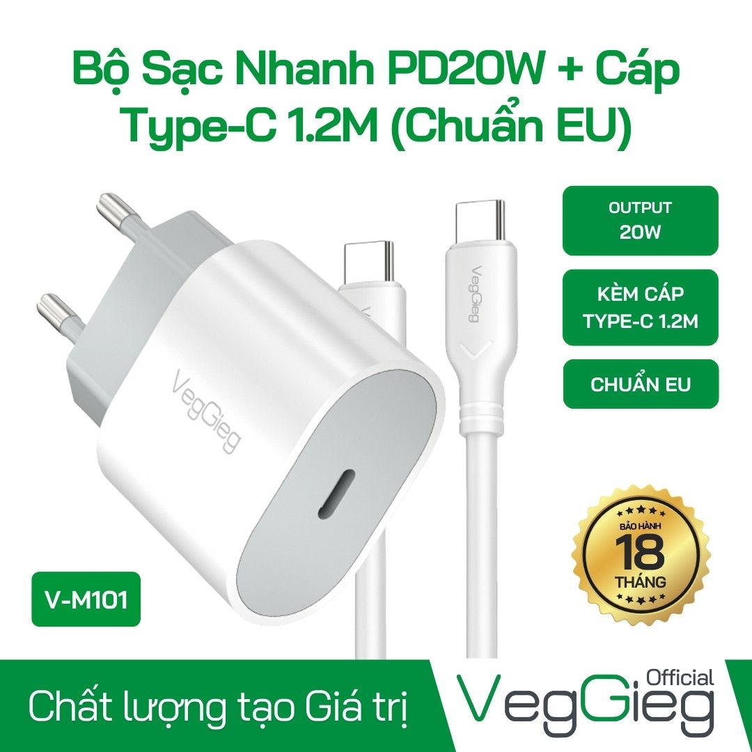 Củ Sạc Nhanh 20W+Dây USB-C to C Dài 1.2m V-M101 Veggieg