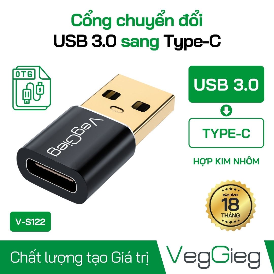 Đầu chuyển đổi USB To Type-C Đầu Âm USB 3.0 Veggieg V-S122