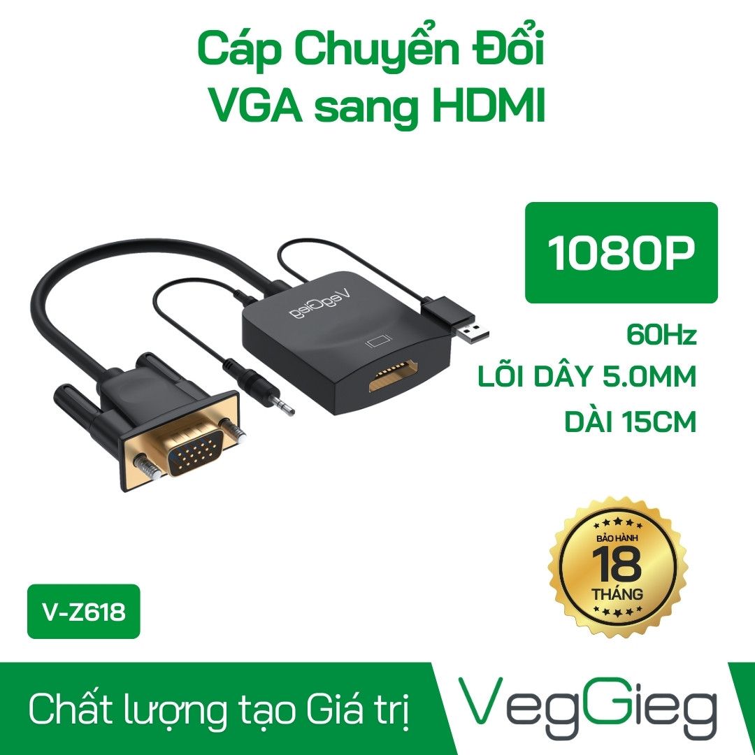 Đầu chuyển đổi VGA to HDMI (15Cm Có Audio) VegGieg V-Z618