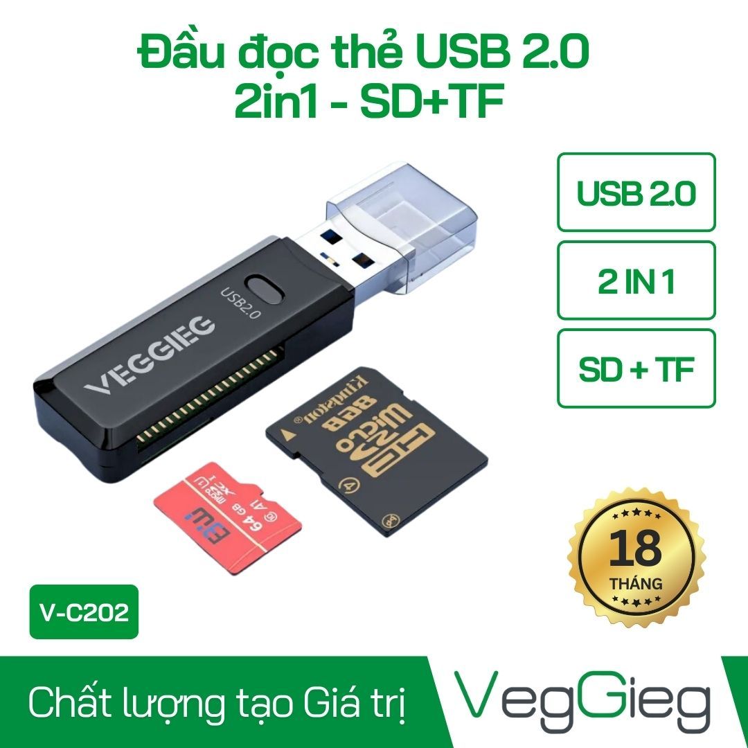 Đầu đọc thẻ Usb 2.0 SD+TF Veggieg V-C202