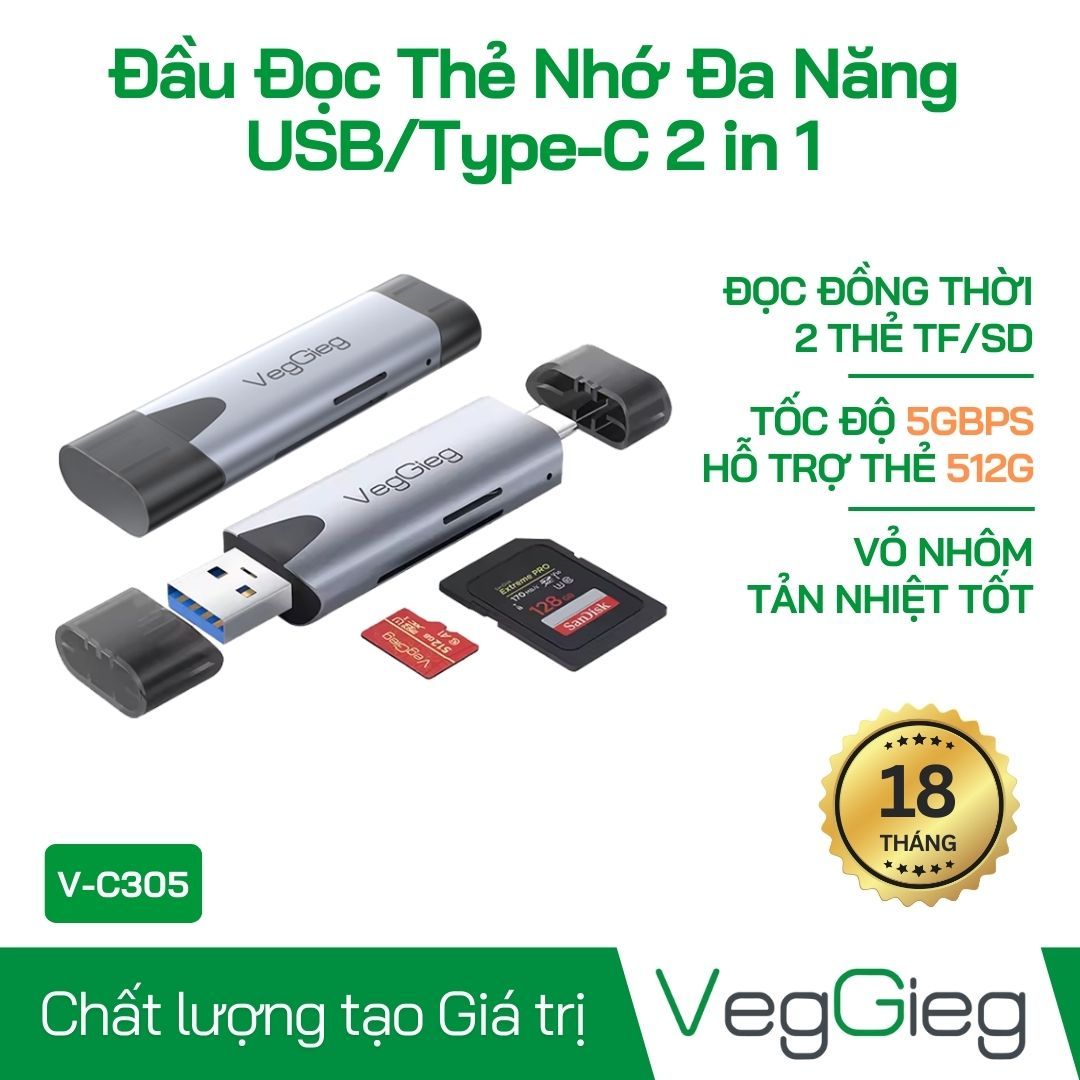 Đầu đọc thẻ nhớ đa năng USB/TypeC 2 trong 1 TF/SD V-C305 VegGieg