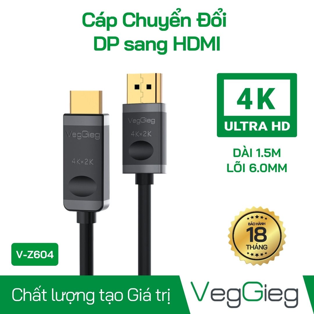 Cáp chuyển đổi DisplayPort to HDMI 4K Dài 1.5m Veggieg V-Z604