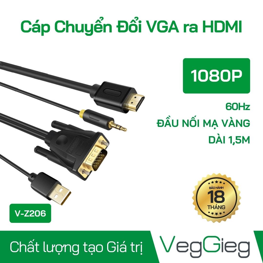 Cáp chuyển đổi VGA to HDMI Dài 1.5m Có Audio Veggieg V-Z206