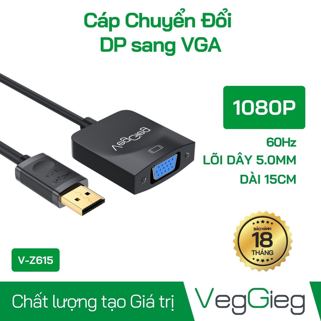 Đầu Chuyển Đổi DisplayPort to VGA dài 15Cm VegGieg V-Z615
