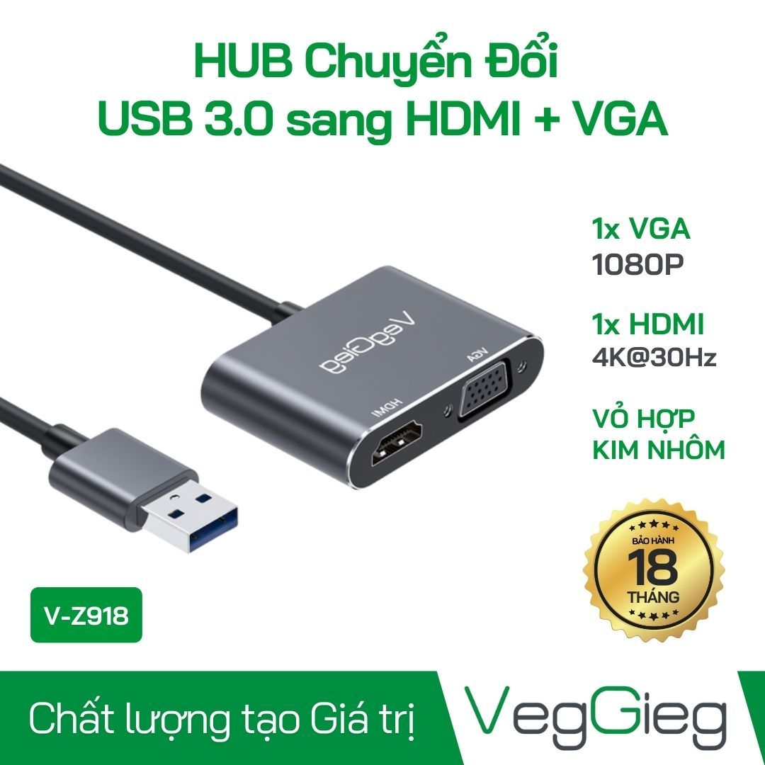 Đầu chuyển Đổi USB to HDMI Và VGA (Usb 3.0 Dài 15Cm) V-Z918 Veggieg