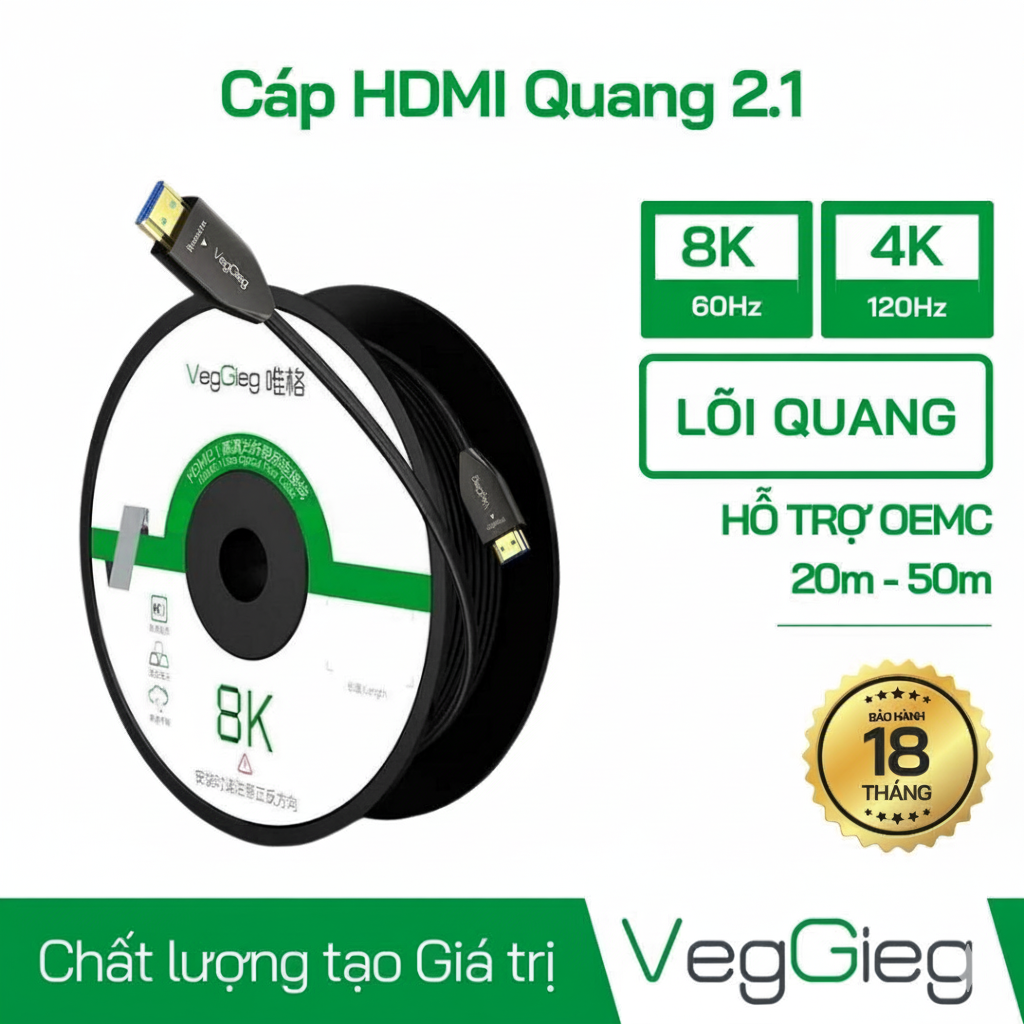 Dây Cáp HDMI 2.1 8K Dài 25m V-H802 VegGieg (Lõi Sợi Quang)