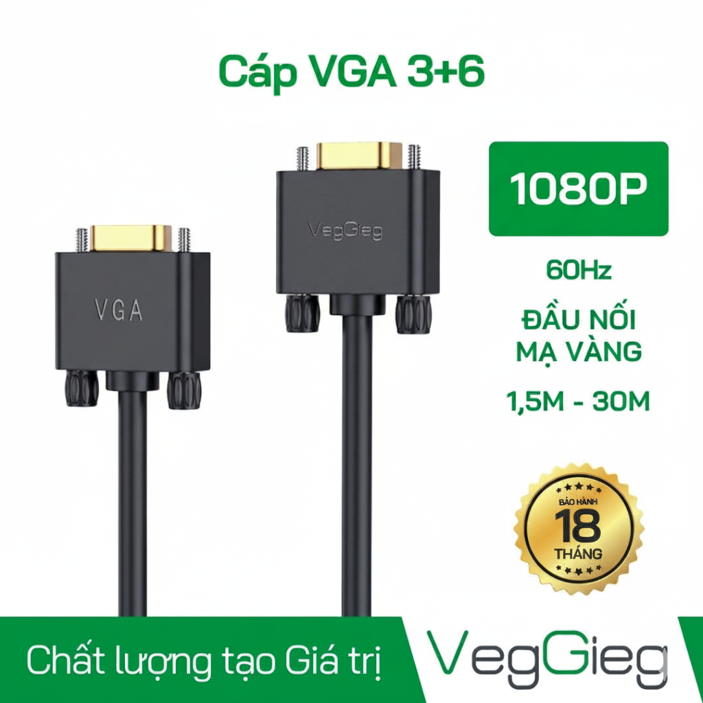 Dây Cáp VGA Veggieg V-V202 2 đầu dương Dài 1.5m FHD 1080