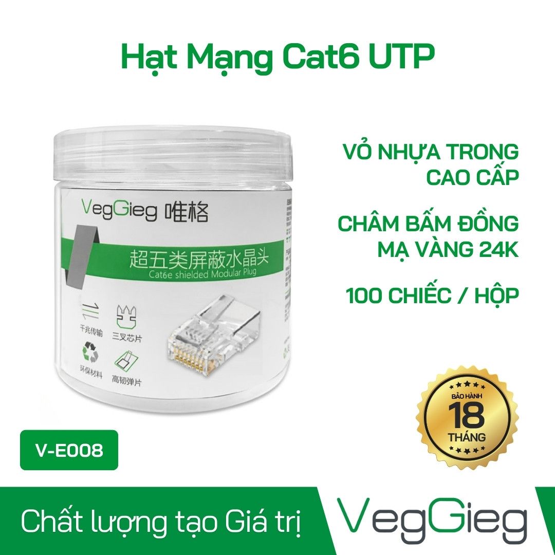 Đầu bấm mạng - Hạt mạng RJ45 CAT6 (100 Cái) - V-E008 VegGieg