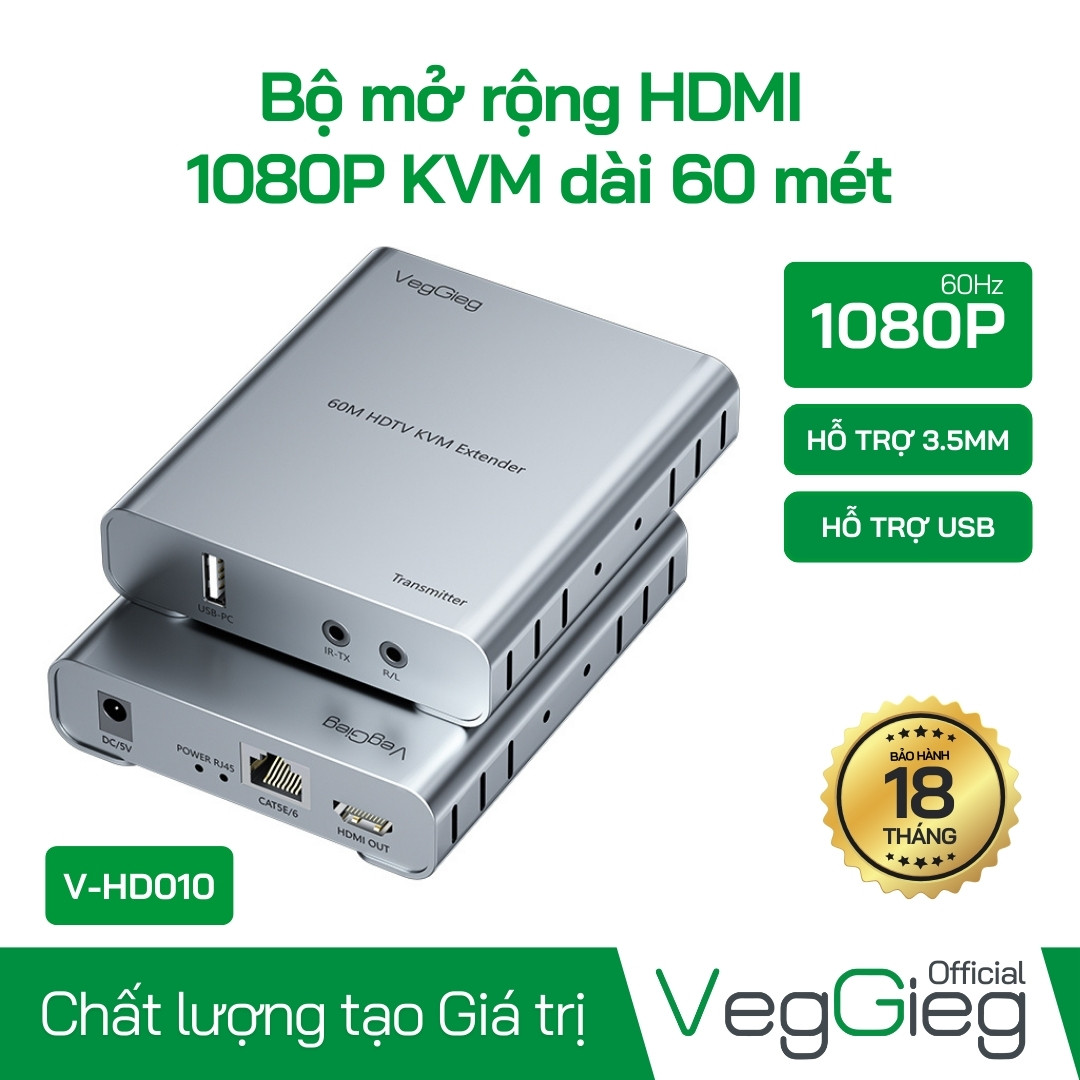 Bộ nối dài HDMI VegGieg KVM V-HD010 Dài 60m HDMI To Lan Có Cổng USB Và Âm Thanh