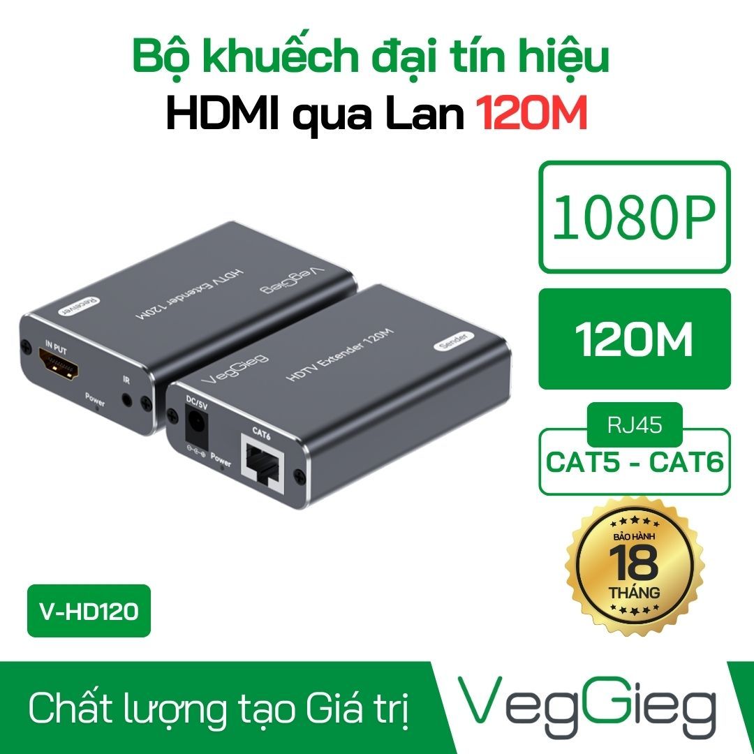 Bộ khuếch đại kéo dài tín hiệu HDMI to Lan 120m (cat5/cat6 OFC) Veggieg V-HD120