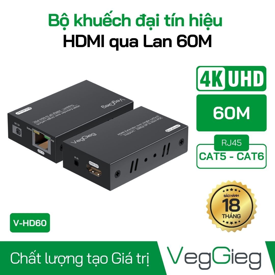 Bộ khuếch đại kéo dài tín hiệu HDMI To Lan 60M - V-HD60 VegGieg