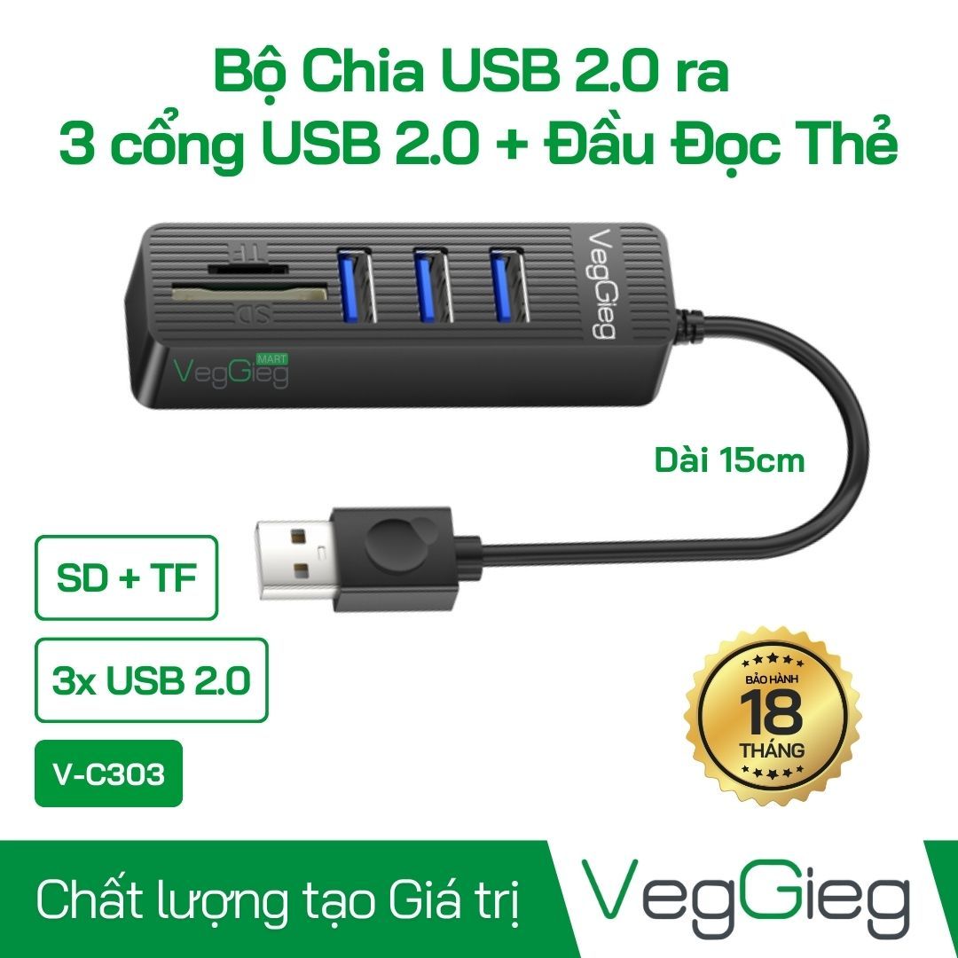 Bộ chia Hub USB 2.0 1 Ra 3 + Đầu Đọc Thẻ SD+TF Dài 15Cm V-C303 VegGieg