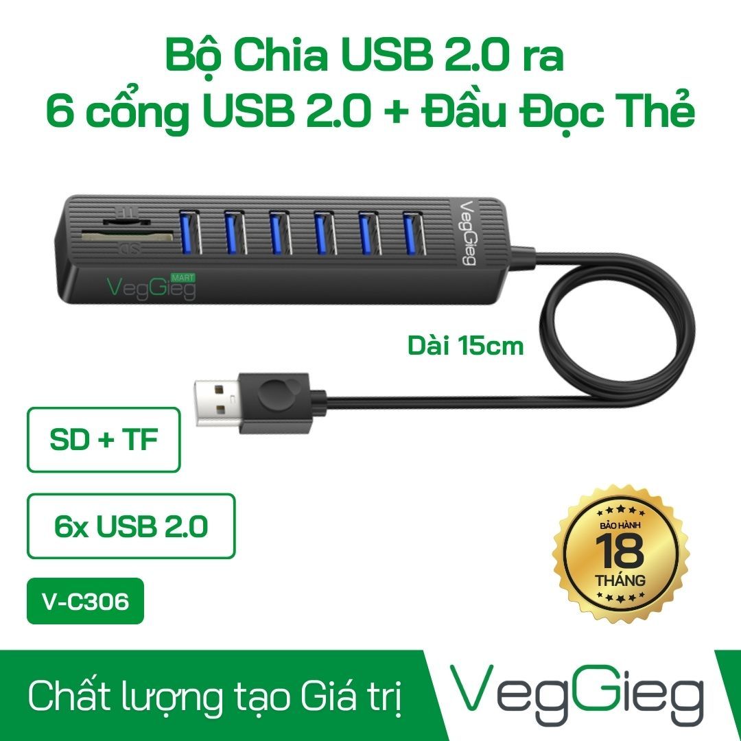 Hub Chia USB 2.0 (1 ra 6) + đầu đọc thẻ nhớ SD+TF 8 trong 1 V-C306 Veggieg
