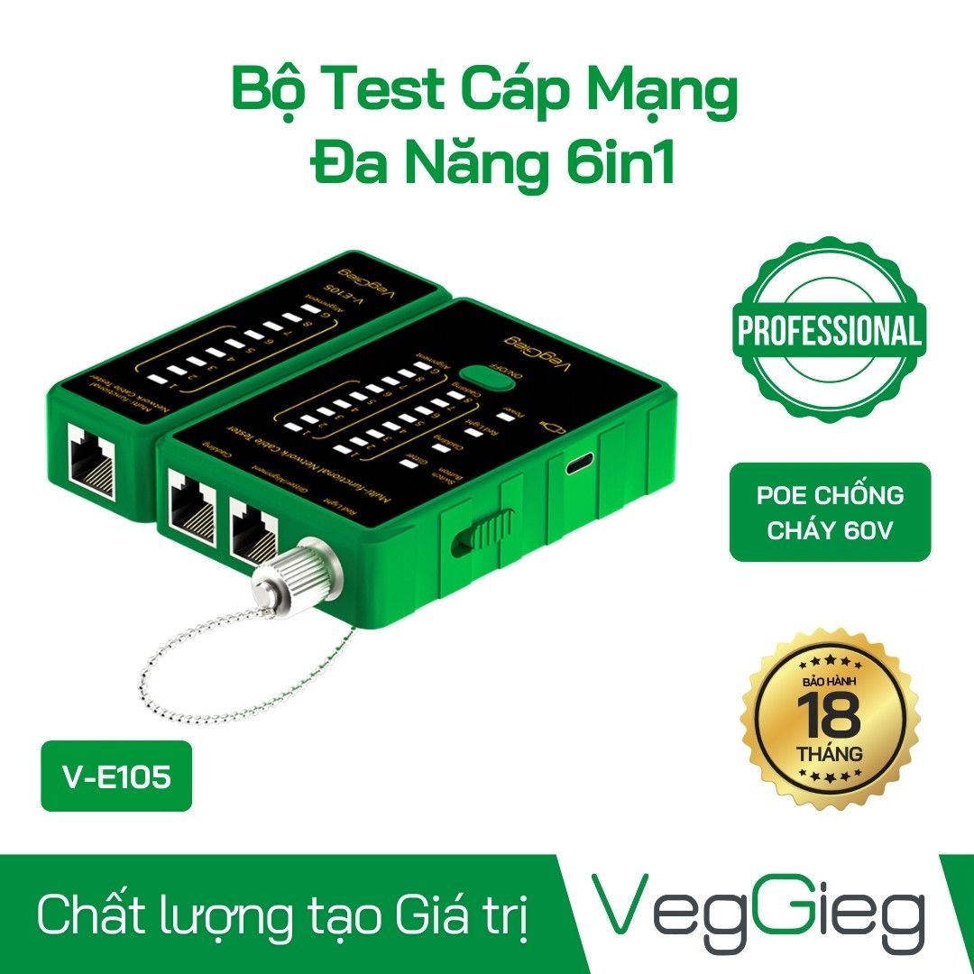 Hộp test cáp mạng RJ45/RJ11/POE/Cáp Quang Veggieg V-E105
