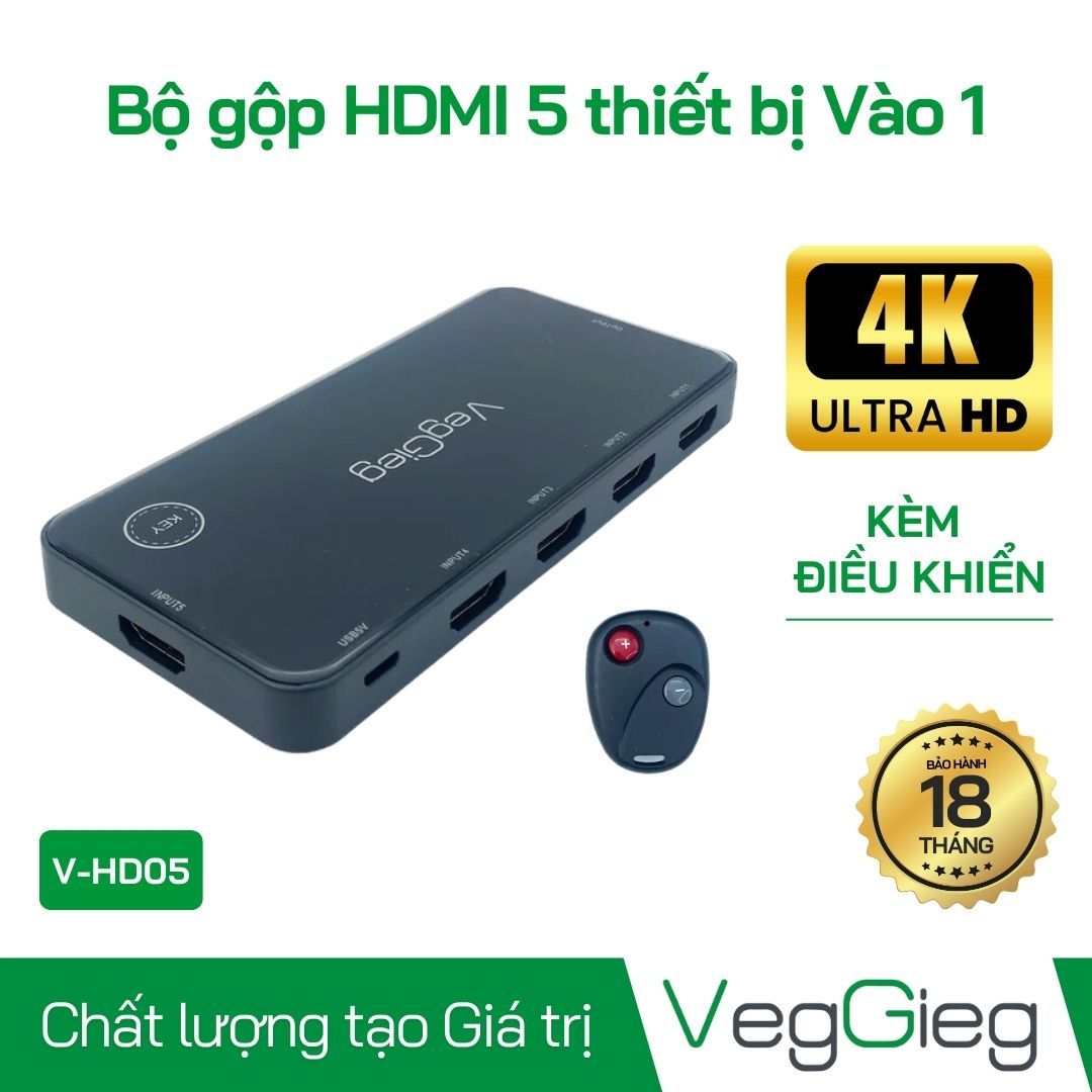 Bộ gộp HDMI 5 PC Ra 1 Màn Hình 4K Có điều kiển từ xa V-HD05 VegGieg