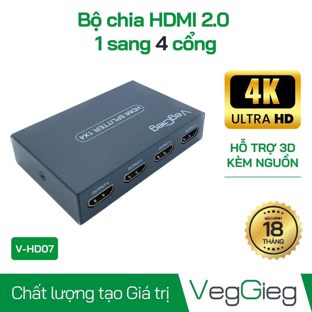 Bộ chia HDMI 1 ra 4 Out Max 25m V-HD07 Veggieg