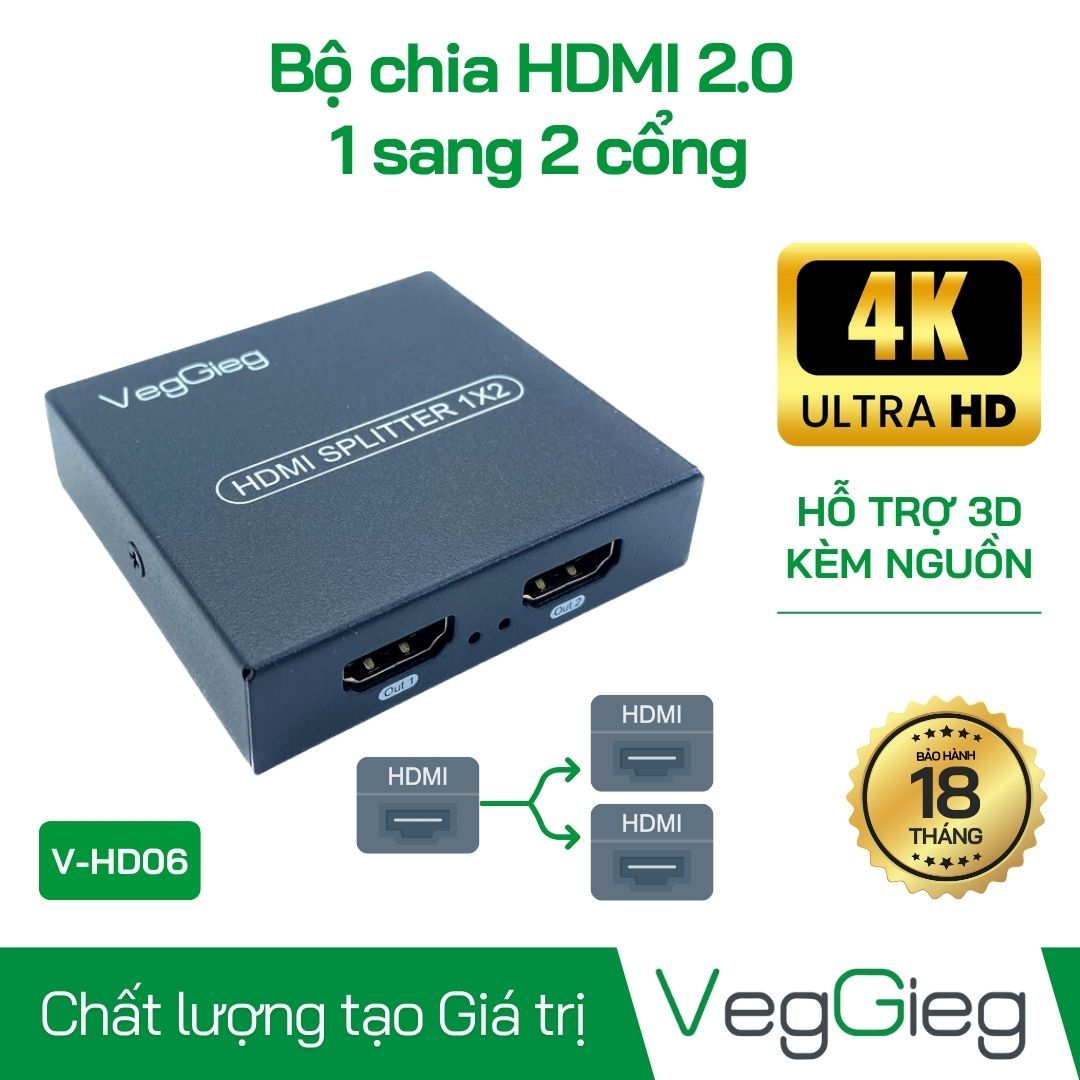 Bộ chia HDMI 1 ra 2 màn hình Out max 25m V-HD06 VegGieg