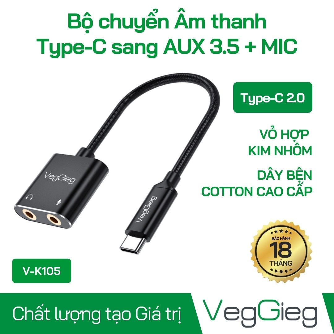 Đầu chuyển đổi Type-c To Audio+Mic 2.0 15Cm V-K105 Veggieg