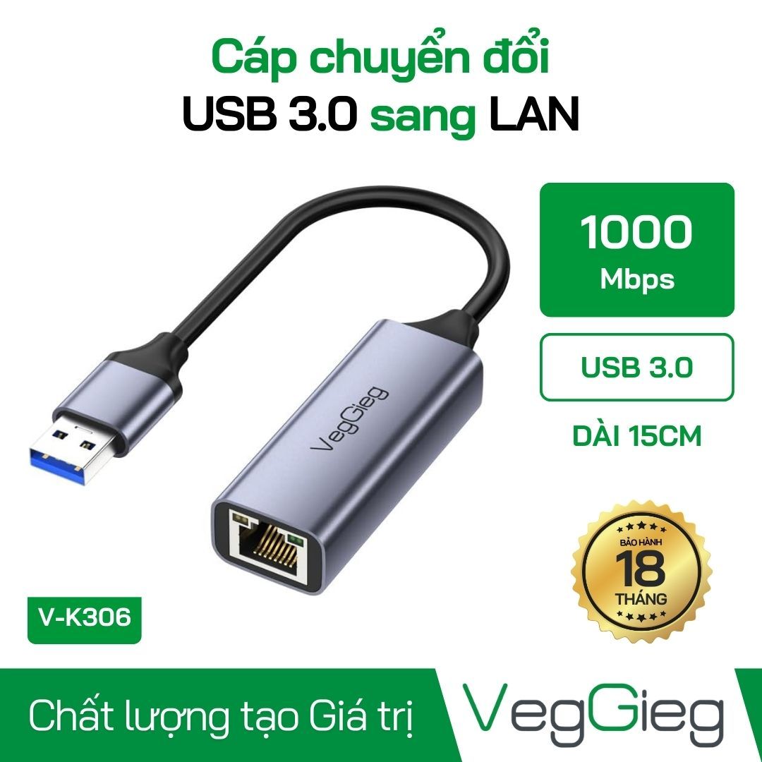 Đầu chuyển đổi Usb To Lan 1Gb USB 3.0 V-K306 Veggieg