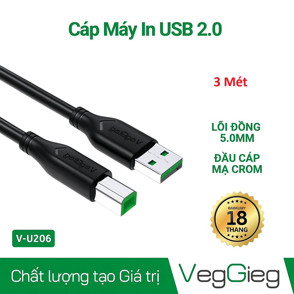 Dây Cáp Usb máy in Dài 3m USB 2.0 V-U206 Veggieg