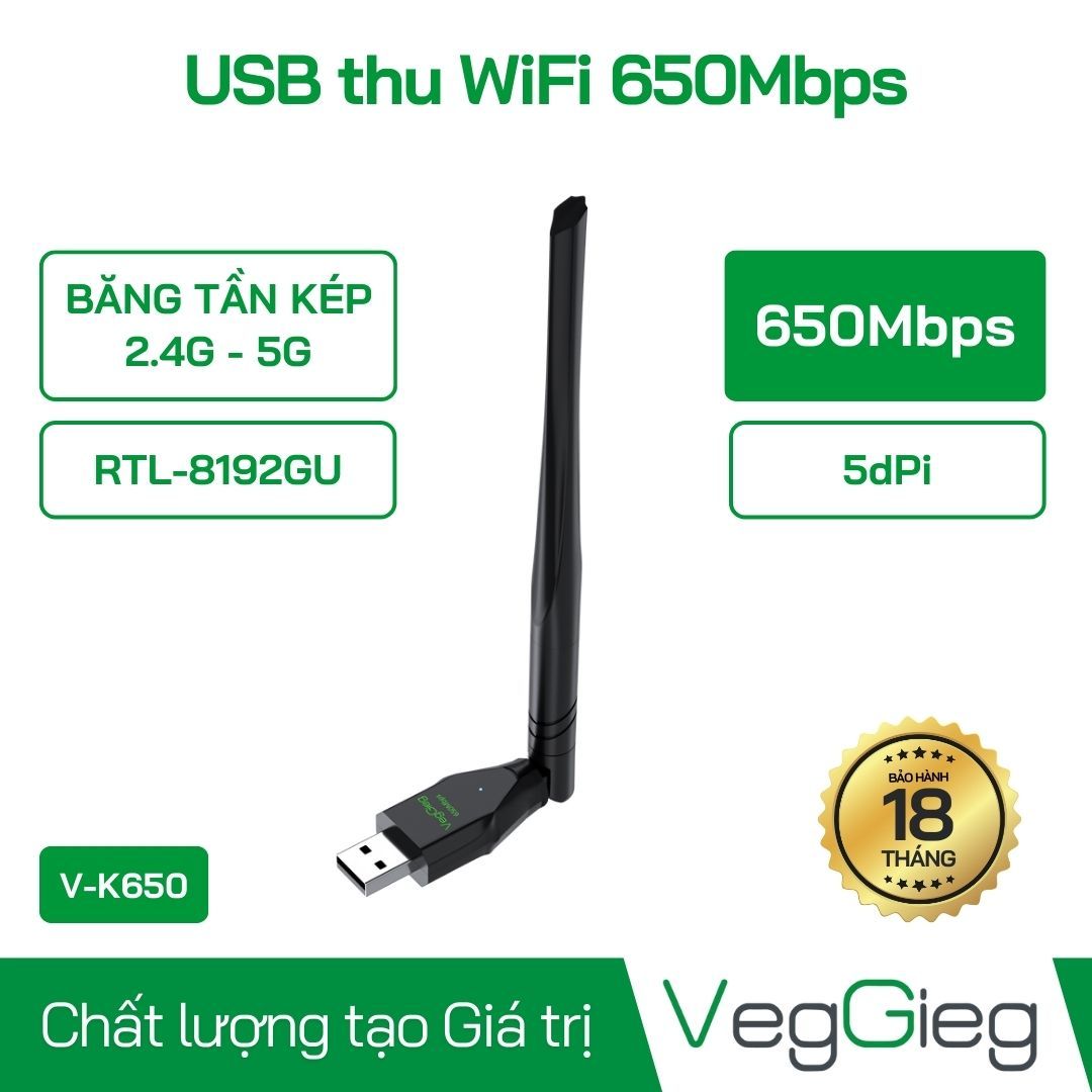 USB thu WiFi 650Mb Băng Tần Kép 2.4G-5G (1 Angten) V-K650 VegGieg