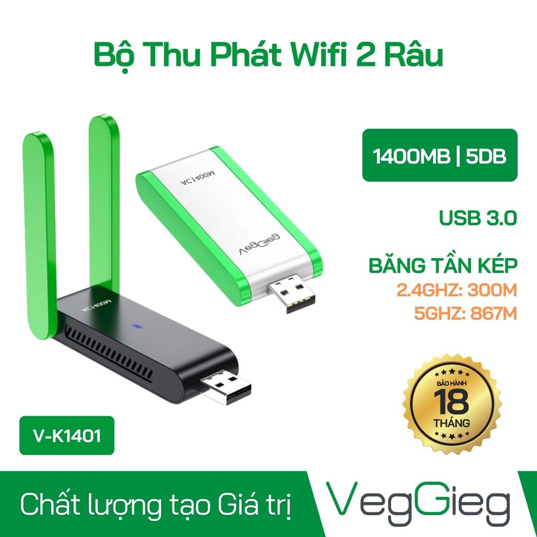 USB thu Wifi 1400Mb 2.4-5G (2 Angten Màu Trắng/Đen) V-K1400/V-K1401 VeggiegHàng Chính Hãng Full VAT Bảo Hành 1 Đổi 1 Trong Suốt 18 Tháng Hotline/Zalo Mua Hàng 0888.41.81.81
