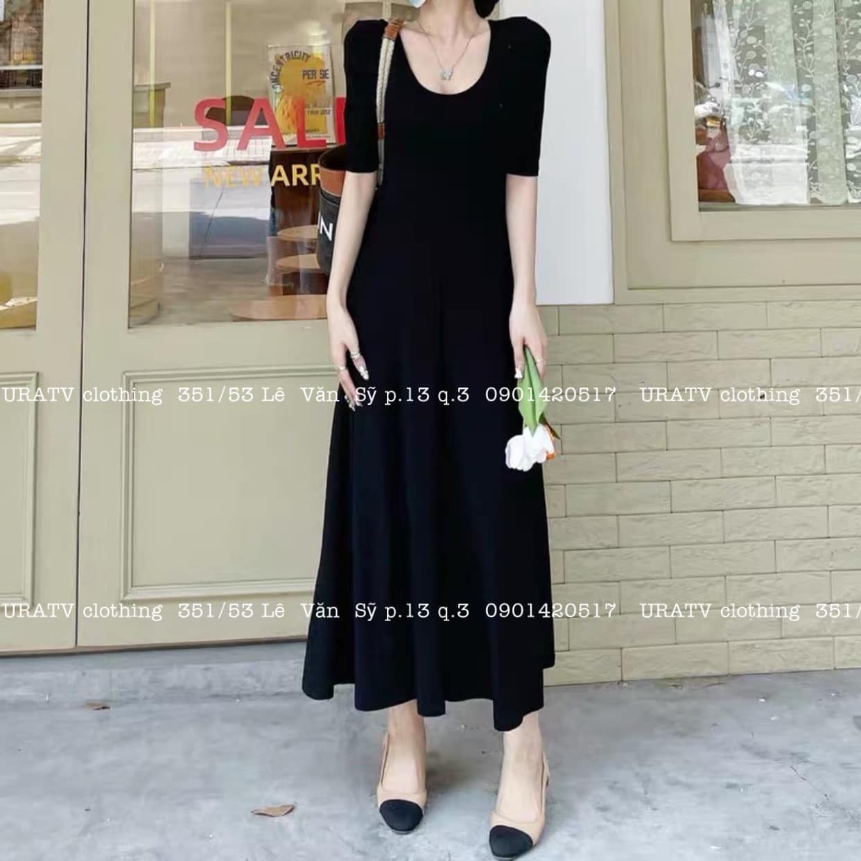 Đầm nhũ phối đen, Váy trung niên dáng xòe tay lửng MS70 - VÁY ĐẦM LALI