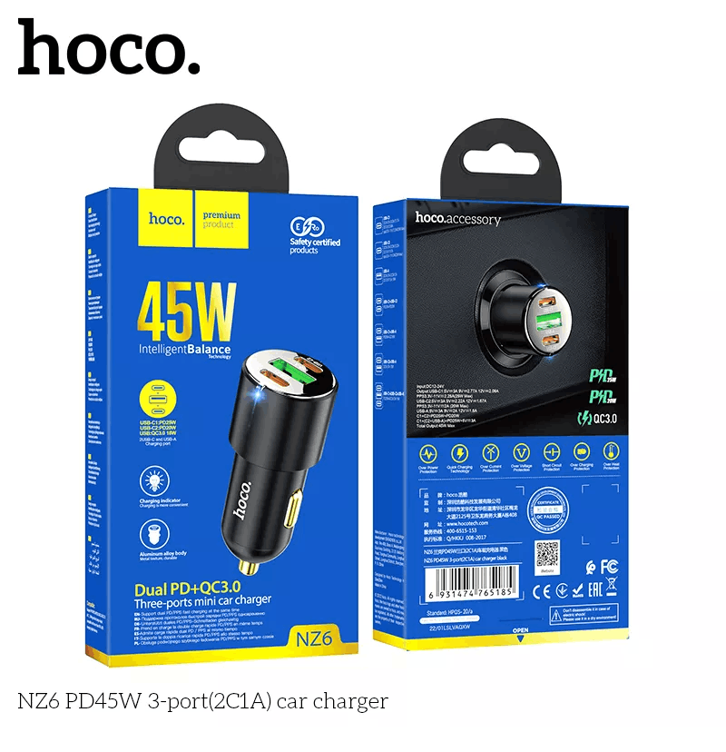 Tẩu sạc nhanh Hoco NZ6 sạc nhanh 45W 2 cổng TypeC + 1 cổng USB