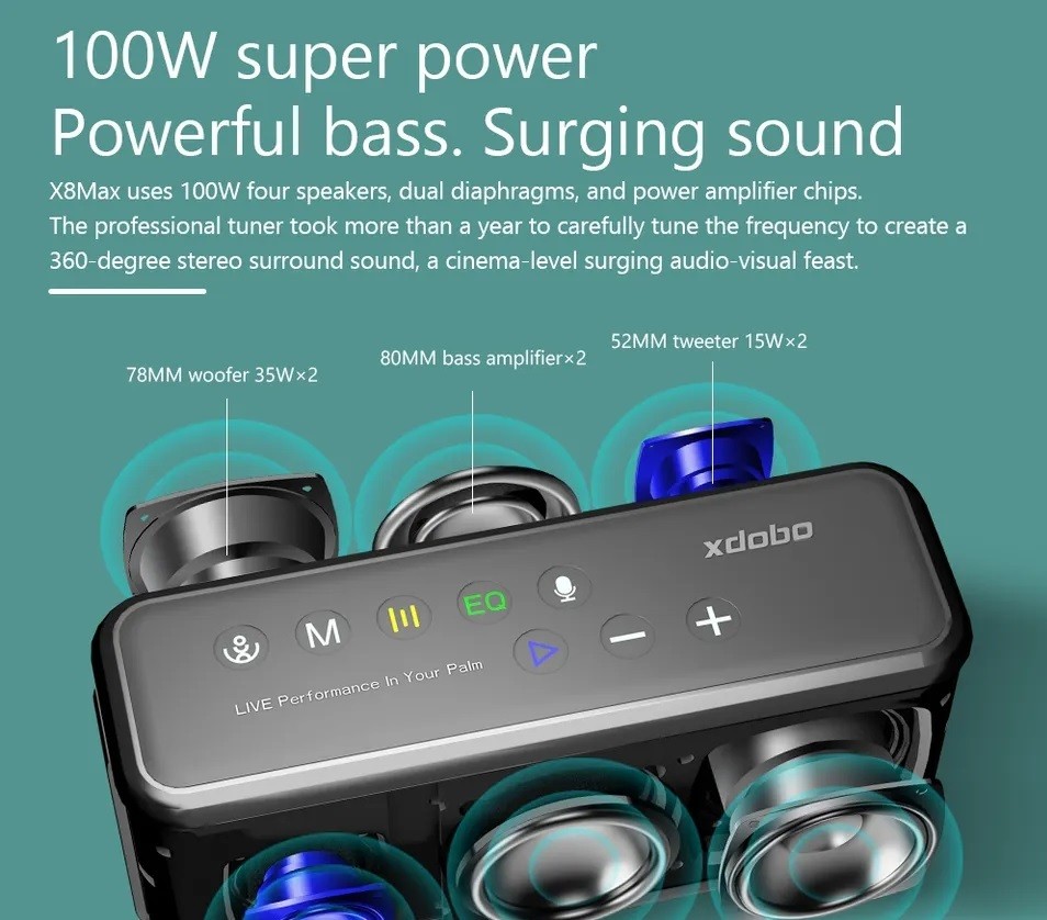 Loa Bluetooth ngoài trời Xdobo X8 Max 100W siêu trầm chíp âm thanh DSP TWS chống nước IPX5 pin 20000mah