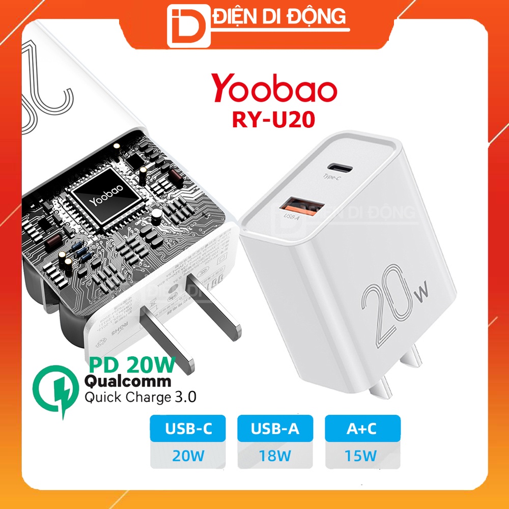 Củ sạc nhanh 20W Yoobao U20 2 cổng sạc Type C + USB