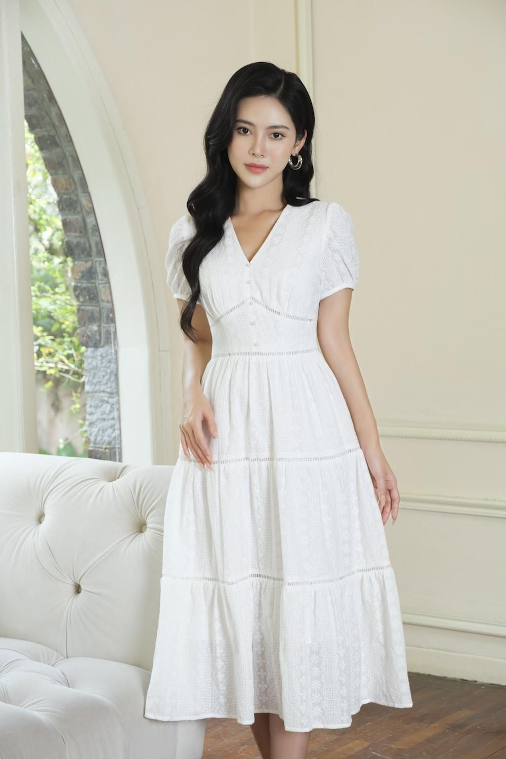 Váy trắng xòe, đầm trắng dự tiệc tay lỡ viền ren - V49 | Shopee Việt Nam