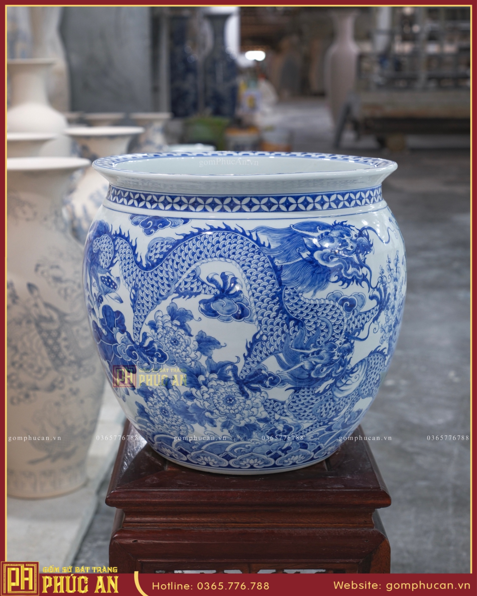 Thống sứ H34 cao cấp “Tứ Linh Chầu Thọ” men lam vẽ kỹ