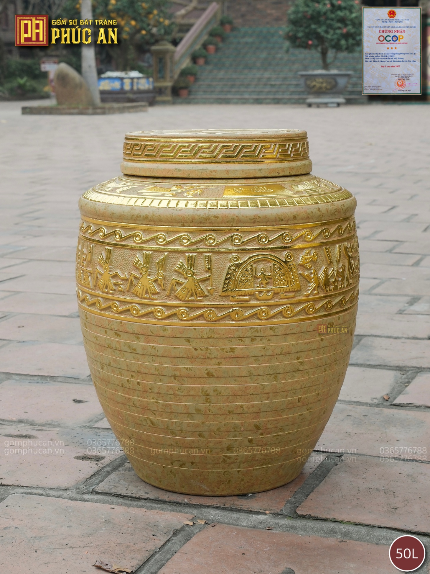 Chum sành Trống Đồng Hạc men kim sa dát vàng 50L