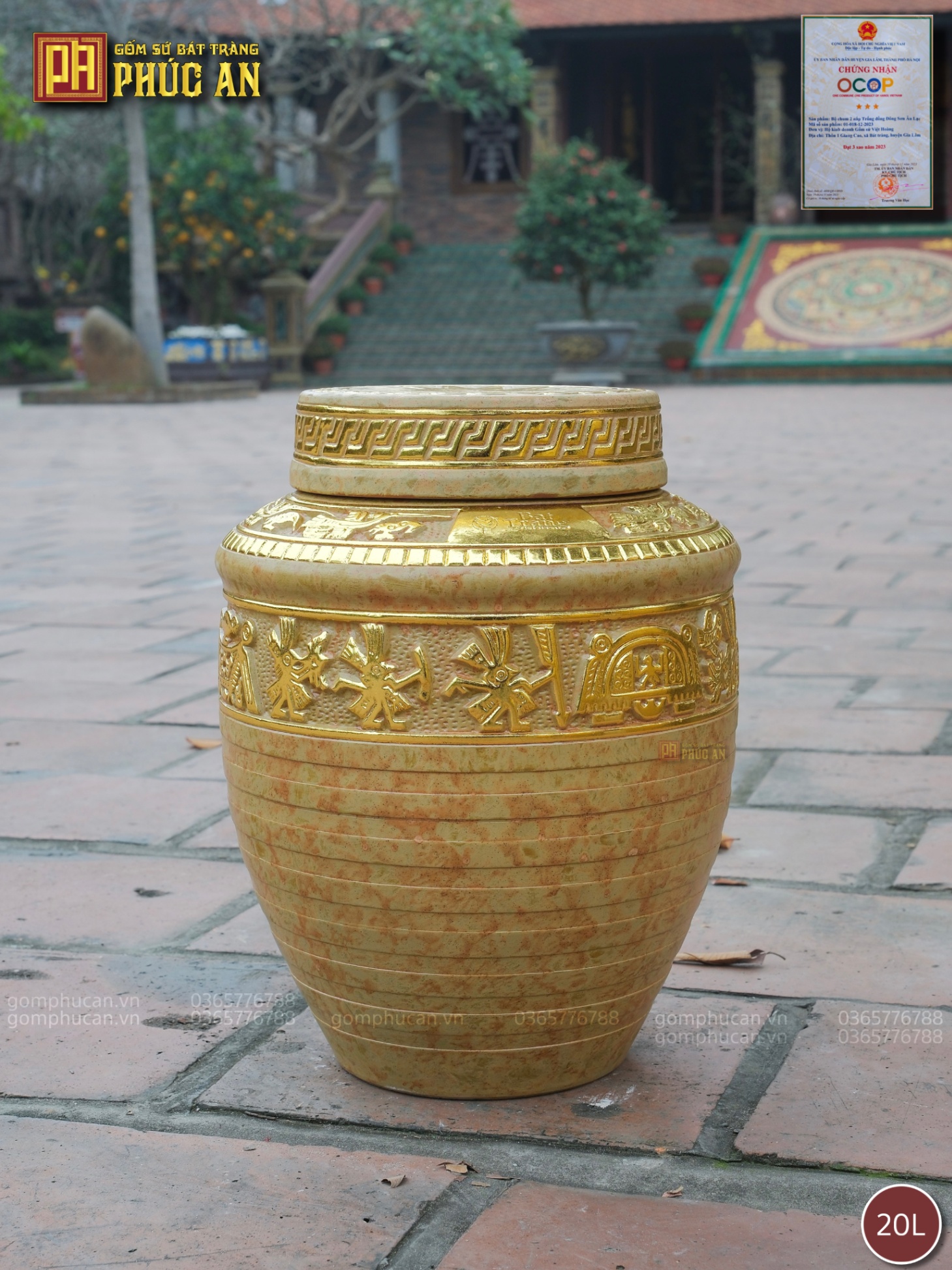 Chum sành Trống Đồng Hạc men kim sa dát vàng 20L