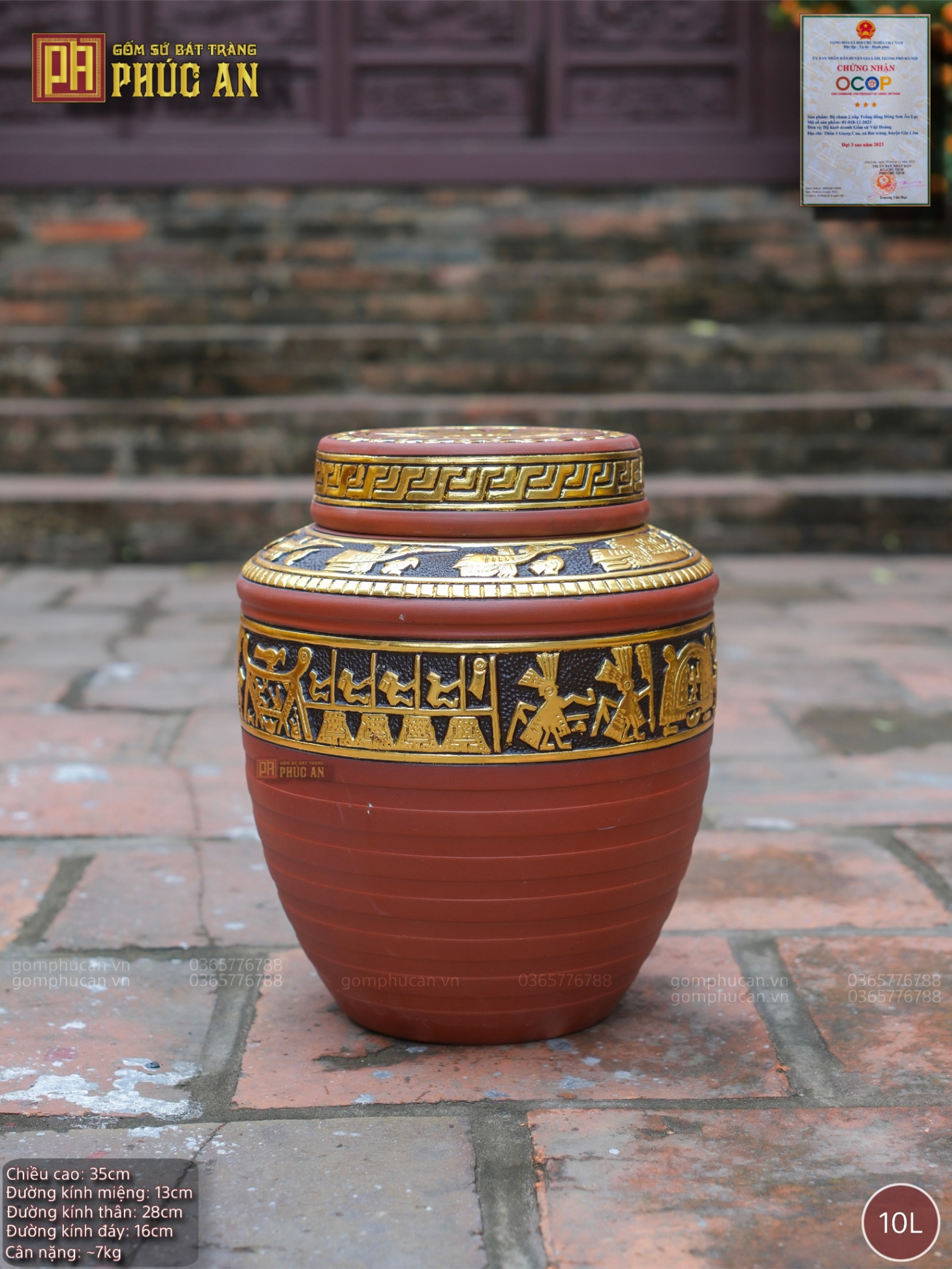 Chum Sành Trống Đồng Hạc dát vàng 10L