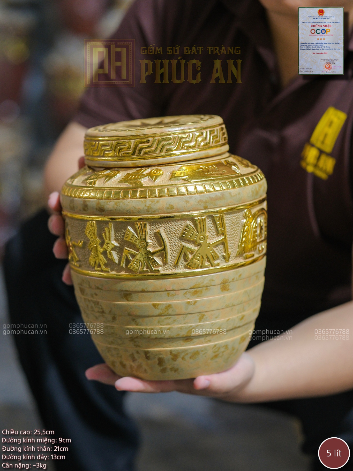 Chum sành Trống Đồng Hạc men kim sa dát vàng 5L